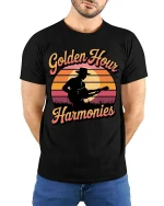 Golden Hour Guitar T-Shirt Vintage Sunset Music Graphic - model wearing black tee with hands behind back