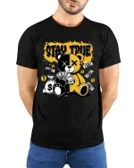 Stay True Teddy Bear T-Shirt Money Streetwear Graphic - model wearing black tee with hands behind back