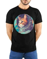 Astronaut Cat T-Shirt Space Galaxy Retro Graphic Tee - model wearing black tee with hands behind back