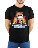 Funny Cat T-Shirt I Hate Everyone Equally Humor Tee - model wearing black tee with hands behind back