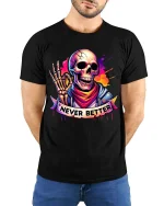 Never Better Skull T-Shirt Colorful Streetwear Graphic - model wearing black tee with hands behind back