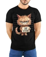 Bad Attitude Cat T-Shirt Funny Grumpy Kitty Graphic - model wearing black tee with hands behind back