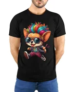Colorful Chihuahua T-Shirt Cool Dog Streetwear Graphic - model wearing black tee with hands behind back