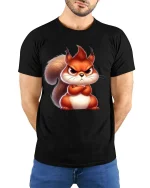 Angry Squirrel T-Shirt Cute Grumpy Animal Graphic Tee - model wearing black tee with hands behind back