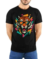 Cool Tiger Sunglasses T-Shirt Retro Geometric Graphic - model wearing black tee with hands behind back