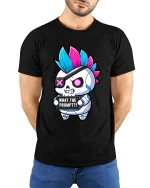 Funny Punk Skull T-Shirt What The Prompt Graphic Tee - model wearing black tee with hands behind back