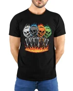 Flaming Skull Skeleton T-Shirt Dark Gothic Fire Graphic - model wearing black tee with hands behind back