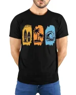 Surf Beach T-Shirt Palm Wave Vintage Summer Graphic Tee - model wearing black tee with hands behind back