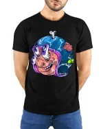 Funny Zombie Head T-Shirt Crazy Cartoon Horror Graphic - model wearing black tee with hands behind back