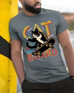 Cat Skateboard T-Shirt Urban Street Cool Graphic Tee - model wearing grey tee, leaning on column