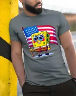 Cute Cartoon Sponge USA Flag T-Shirt Patriotic Graphic - model wearing grey tee, leaning on column