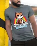 Funny Cat T-Shirt I Hate Everyone Equally Humor Tee - model wearing grey tee, leaning on column