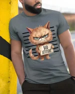 Bad Attitude Cat T-Shirt Funny Grumpy Kitty Graphic - model wearing grey tee, leaning on column