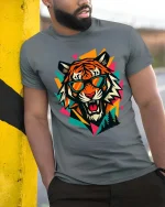 Cool Tiger Sunglasses T-Shirt Retro Geometric Graphic - model wearing grey tee, leaning on column