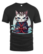 Samurai Cat T-Shirt Japanese Warrior Cute Graphic Tee - black t-shirt on white background
