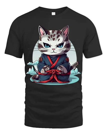 Samurai Cat T-Shirt Japanese Warrior Cute Graphic Tee - black t-shirt on white background