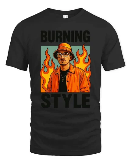 Burning Style T-Shirt Streetwear Flame Graphic Urban Tee - black t-shirt on white background