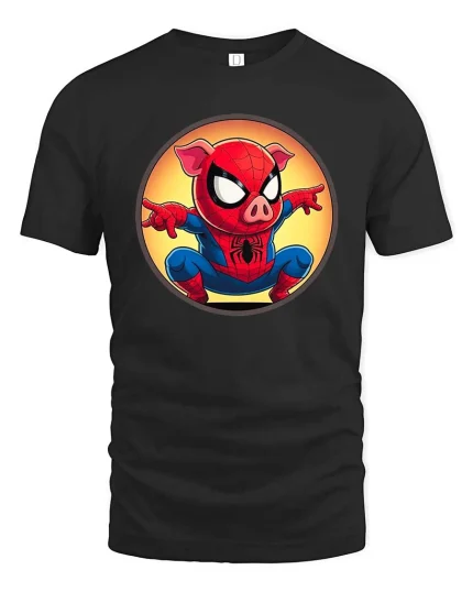 Superhero Pig T-Shirt Funny Comic Animal Graphic Tee - black t-shirt on white background
