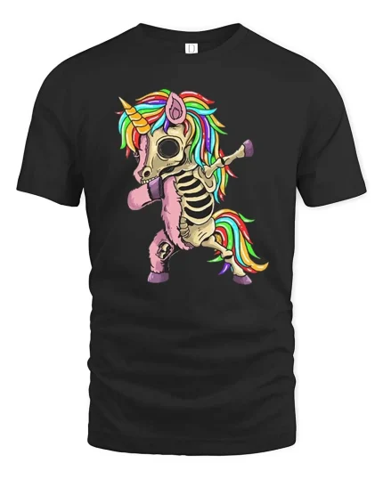 Skeleton Unicorn T-Shirt Funny Rainbow Dabbing Tee - black t-shirt on white background