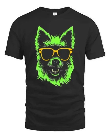 Neon Dog T-Shirt Cool Sunglasses Puppy Graphic Tee - black t-shirt on white background
