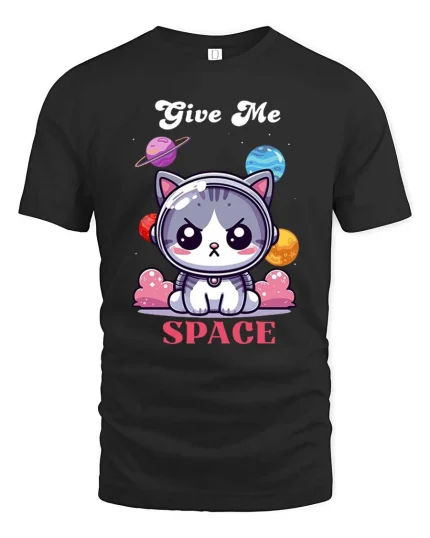 Give Me Space Cat T-Shirt Cute Astronaut Kitty Tee - black t-shirt on white background