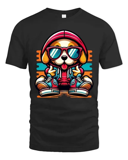 Cool Dog T-Shirt Hip Hop Puppy Graphic Streetwear Tee - black t-shirt on white background