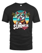 Summer Cat T-Shirt Cute Beach Vibes Ice Cream Graphic - black t-shirt on white background