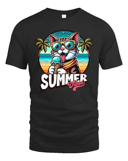 Summer Cat T-Shirt Cute Beach Vibes Ice Cream Graphic - black t-shirt on white background