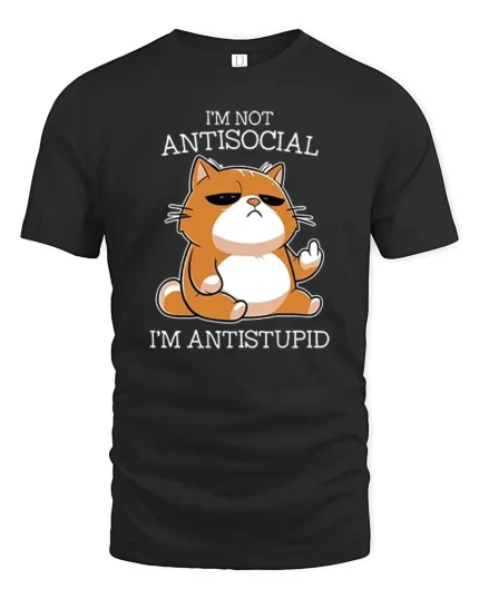 Funny Antisocial Cat T-Shirt Sarcastic Humor Graphic - black t-shirt on white background