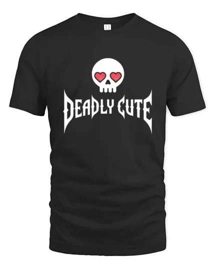 Deadly Cute T-Shirt Skull Heart Eyes Gothic Graphic - black t-shirt on white background