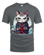 Samurai Cat T-Shirt Japanese Warrior Cute Graphic Tee - gray t-shirt on white background