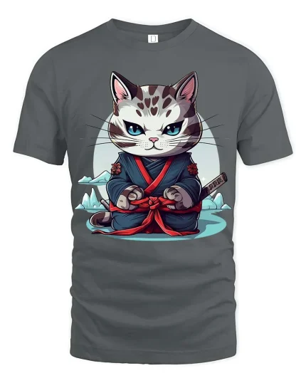 Samurai Cat T-Shirt Japanese Warrior Cute Graphic Tee - gray t-shirt on white background