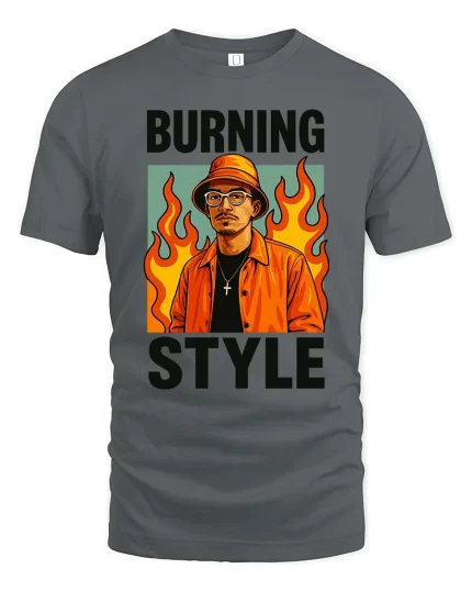 Burning Style T-Shirt Streetwear Flame Graphic Urban Tee - gray t-shirt on white background