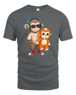 Cool Monkey T-Shirt Headphones Cute Cartoon Graphic Tee - gray t-shirt on white background