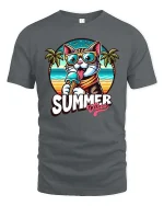Summer Cat T-Shirt Cute Beach Vibes Ice Cream Graphic - gray t-shirt on white background