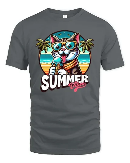 Summer Cat T-Shirt Cute Beach Vibes Ice Cream Graphic - gray t-shirt on white background