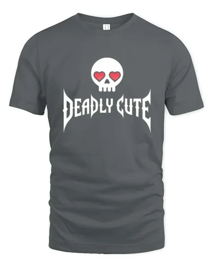 Deadly Cute T-Shirt Skull Heart Eyes Gothic Graphic - gray t-shirt on white background