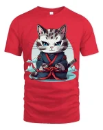 Samurai Cat T-Shirt Japanese Warrior Cute Graphic Tee - red t-shirt on white background