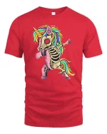 Skeleton Unicorn T-Shirt Funny Rainbow Dabbing Tee - red t-shirt on white background