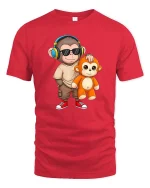 Cool Monkey T-Shirt Headphones Cute Cartoon Graphic Tee - red t-shirt on white background