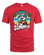 Summer Cat T-Shirt Cute Beach Vibes Ice Cream Graphic - red t-shirt on white background