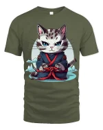 Samurai Cat T-Shirt Japanese Warrior Cute Graphic Tee - military green t-shirt on white background