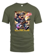 Electric Bear T-Shirt Rock Guitar Animal Graphic Tee - military green t-shirt on white background