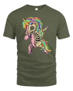 Skeleton Unicorn T-Shirt Funny Rainbow Dabbing Tee - military green t-shirt on white background