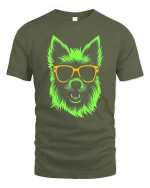 Neon Dog T-Shirt Cool Sunglasses Puppy Graphic Tee - military green t-shirt on white background