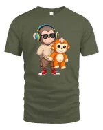 Cool Monkey T-Shirt Headphones Cute Cartoon Graphic Tee - military green t-shirt on white background