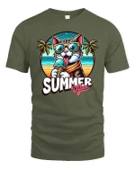 Summer Cat T-Shirt Cute Beach Vibes Ice Cream Graphic - military green t-shirt on white background