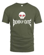 Deadly Cute T-Shirt Skull Heart Eyes Gothic Graphic - military green t-shirt on white background