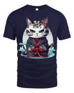 Samurai Cat T-Shirt Japanese Warrior Cute Graphic Tee - navy t-shirt on white background