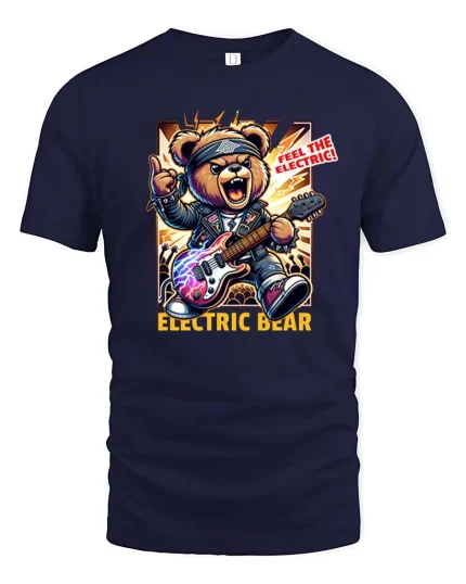 Electric Bear T-Shirt Rock Guitar Animal Graphic Tee - navy t-shirt on white background